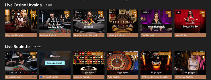 Urval av live casino spel hos Storspelare