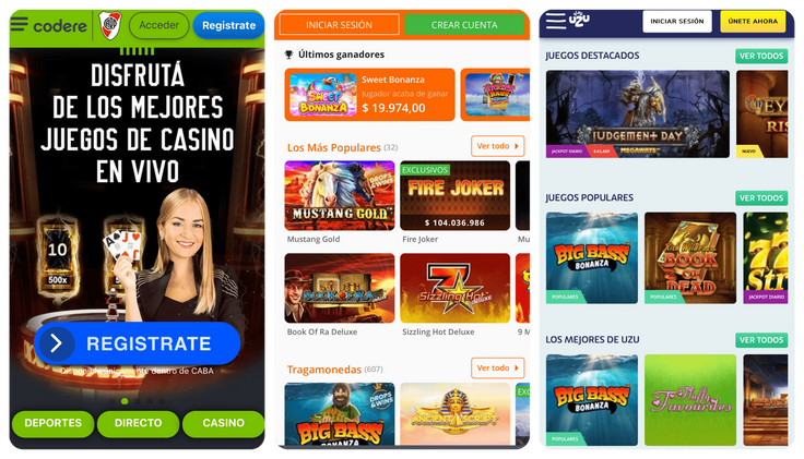 Imágenes de tres casinos argentinos: Codere, Betsson y PlayUZU