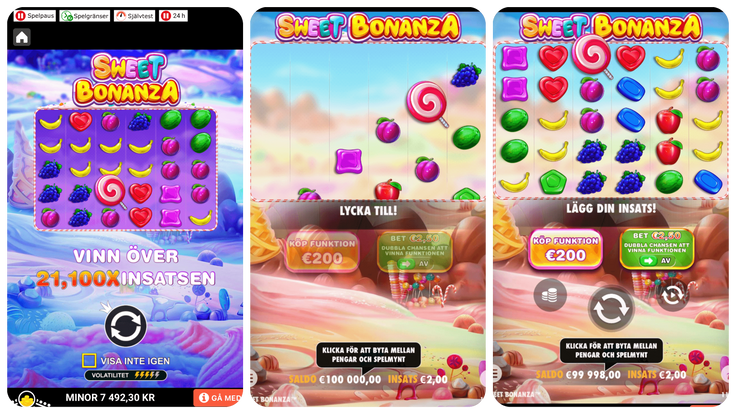 Tre bilder av spelautomaten Sweet Bonanza hos nätcasinot LeoVegas