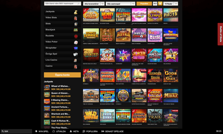 Olika casinospel som finns tillgängliga på Videoslots hemsida